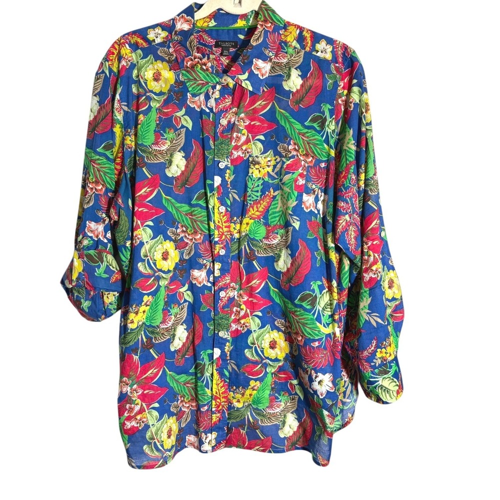 Talbots 2Xp Lightweight 100% cotton floral roll tab button‎ front shirt top